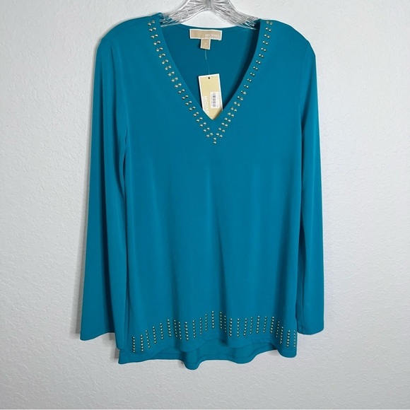 Michael Kors Top Women Small Shirt Teal Gold Studded Tunic Blouse B2 - Picture 1 of 7
